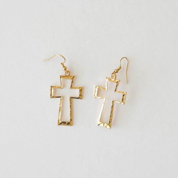 Jewelry - 14K GOLD PLATED CROSS DANGLE DROP EARRINGS CHRISTIAN EASTER DESIGN HAMMERED